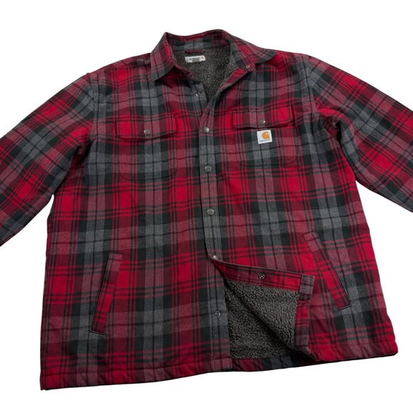 Carhartt Sherpa Lined Flannel Jacket Mens XL RELAXED FIT Snap Button Red Plaid - Picture 1 of 10